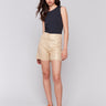 Gold foil linen shorts featuring a stretch fabric by Charlie B.
