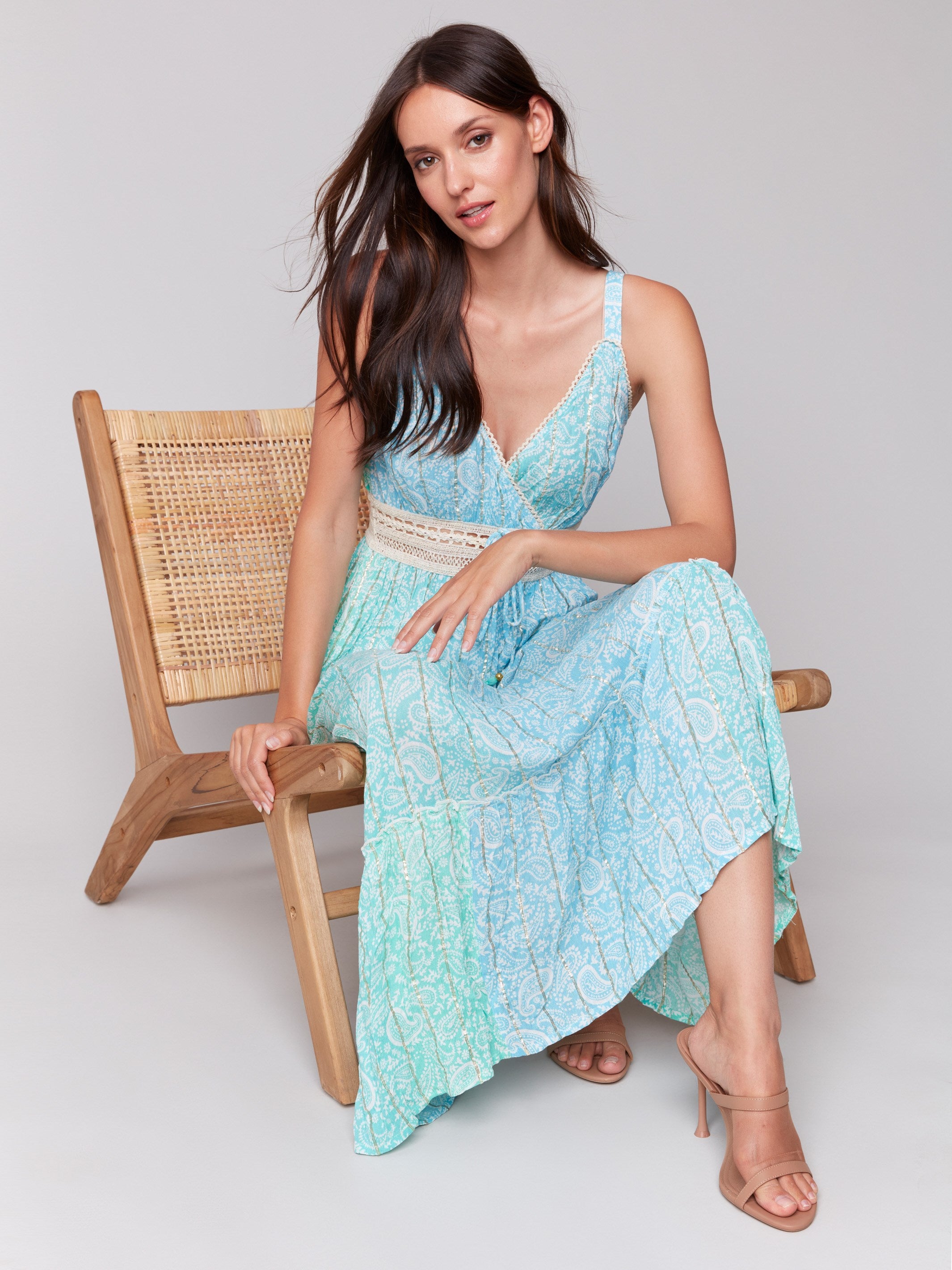 Sleeveless lagoon-colored dress with a crochet waistband by Charlie B.