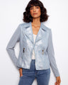 Light blue faux leather jacket featuring a stylish lapel notch collar and rib knit sleeves by Charlie B.