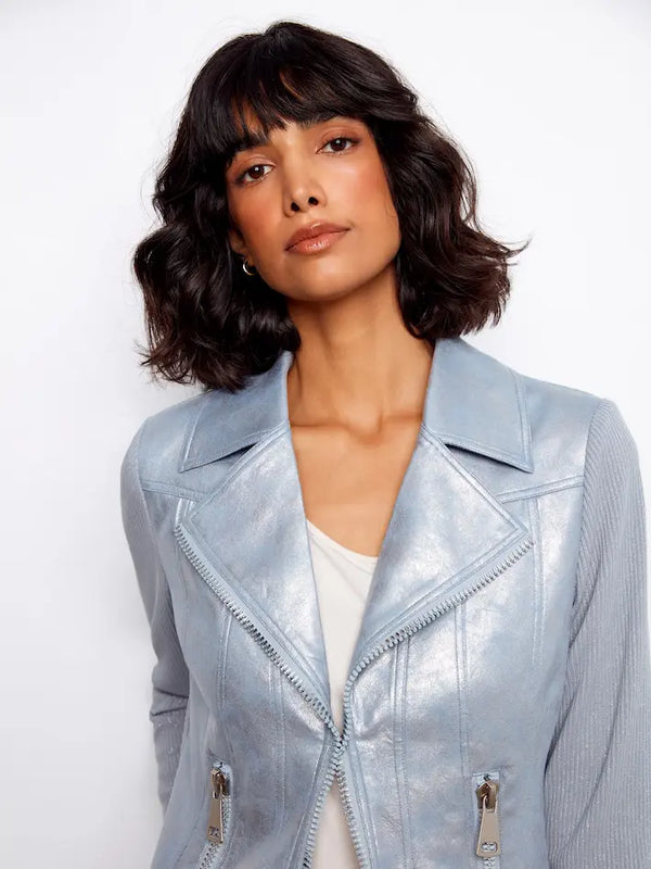 Foiled Faux Leather and Rib Knit Jacket - Haze