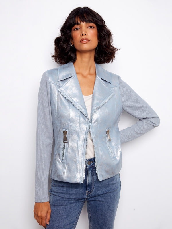 Foiled Faux Leather and Rib Knit Jacket - Haze