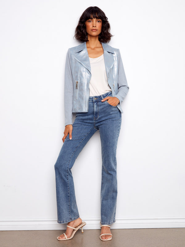 Foiled Faux Leather and Rib Knit Jacket - Haze