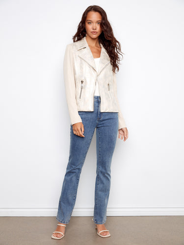 Designed with a practical hook-and-eye closure, this jacket combines style and function by Charlie B.