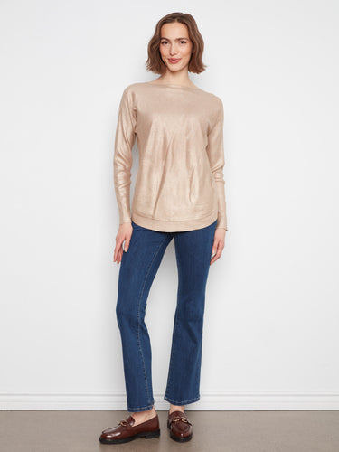 Embrace the rounded hem on this sweater, offering a flattering silhouette with its shimmering metallic fabric. By Charlie B.