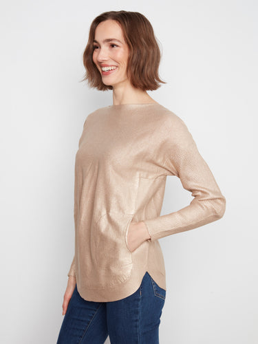 Showcasing back lace-up detail, this sweater adds an unexpected twist to its elegant metallic sheen. By Charlie B.