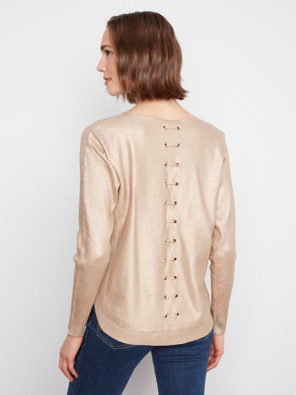Foiled Knit Sweater With Back Lace-Up Detail - Brass