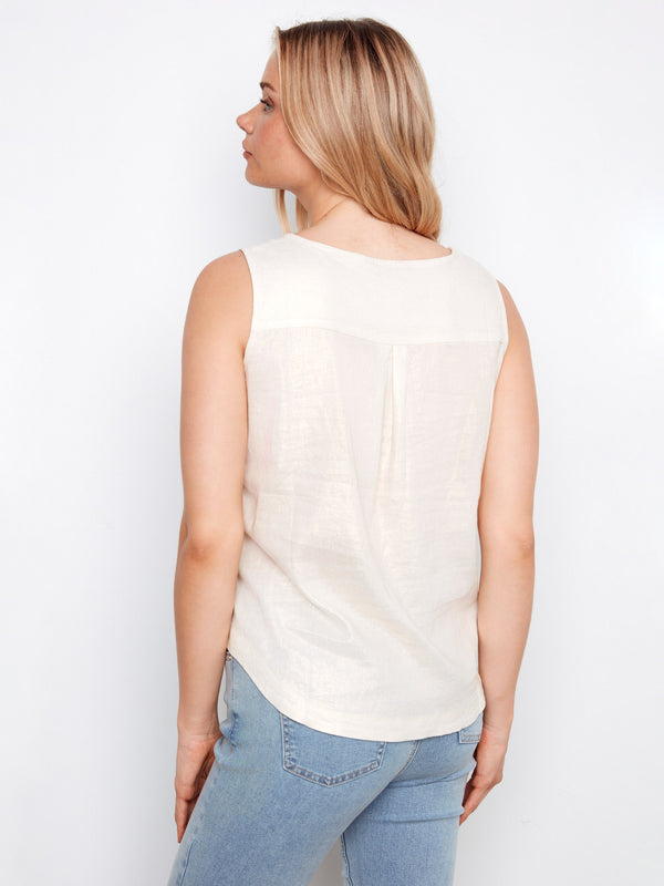 Foiled Sleeveless Linen Top With Side Buttons - Champagne