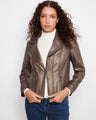 Faux zip pockets enhance the modern appeal of this chic metallic jacket. By Charlie B.