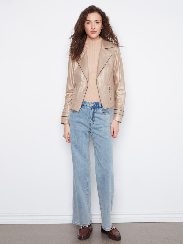Foiled Vintage Faux Leather Jacket - Brass