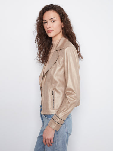 Faux zip pockets enhance the sleek look of this metallic faux leather jacket, ideal for modern fashionistas by Charlie B.