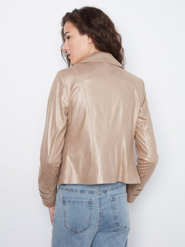The short length of this metallic faux leather jacket offers a trendy silhouette for versatile styling by Charlie B.