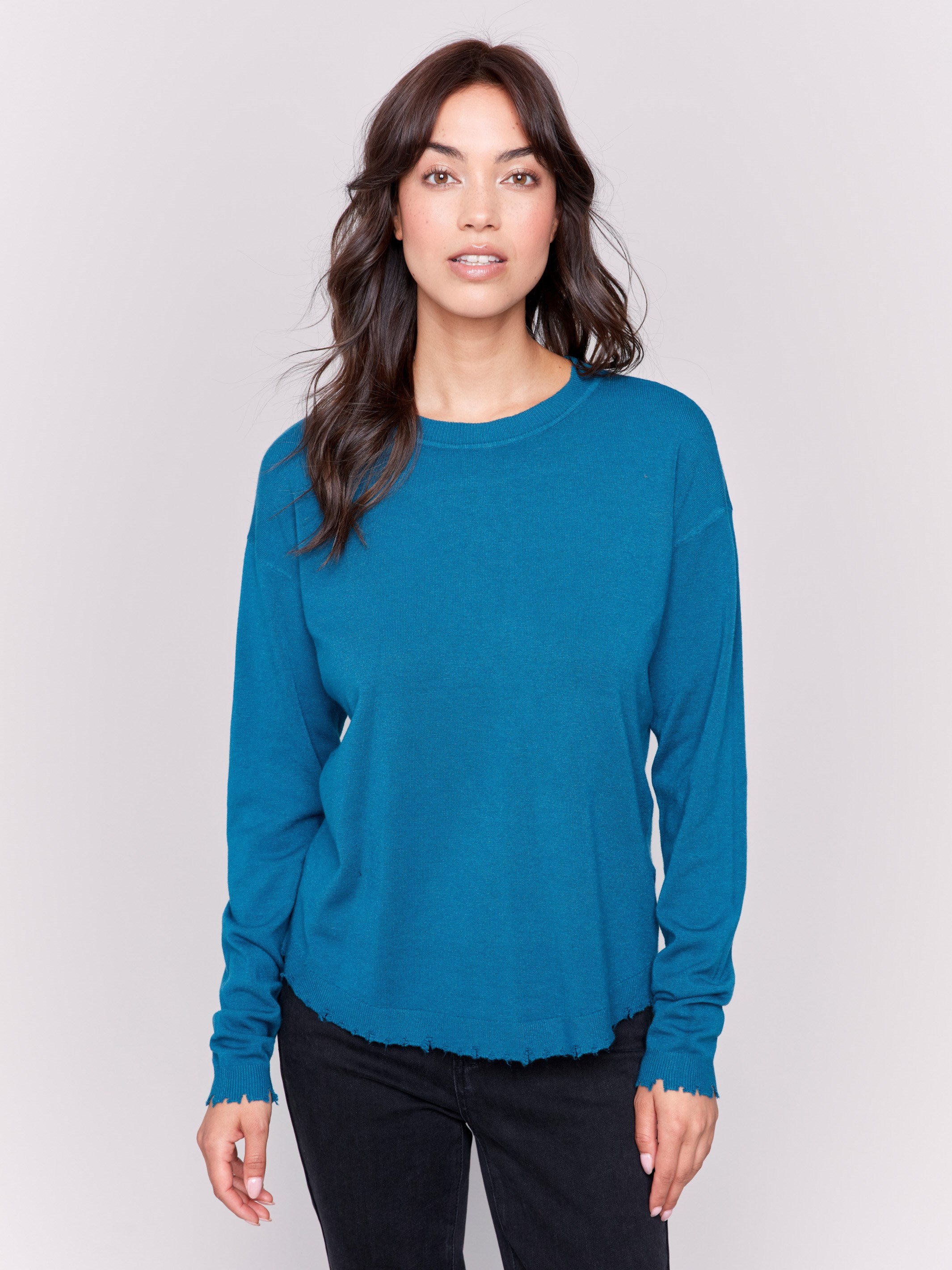 Women s Frayed Edge Sweater Peacock Charlie B