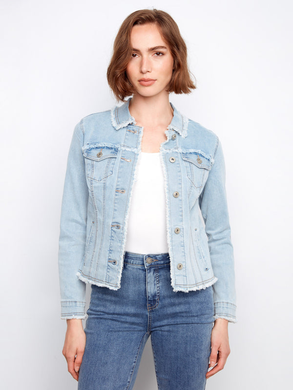 This denim jacket showcases a classic button front design, making it both stylish and functional by Charlie B.