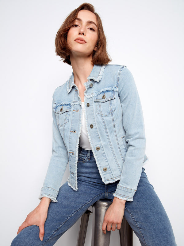 The frayed edges on this denim jacket provide a trendy finish that elevates your everyday style by Charlie B.