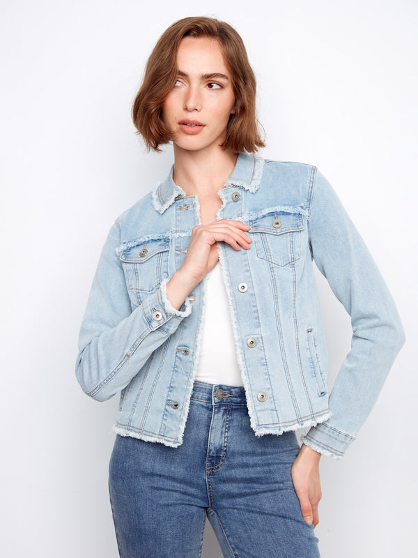 Denim jacket featuring frayed edges, adding a touch of casual elegance to your wardrobe. Perfect for any occasion by Charlie B.