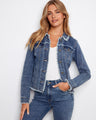 Denim jacket featuring chic frayed edges, adding a touch of casual elegance to any outfit. Crafted for comfort by Charlie B.