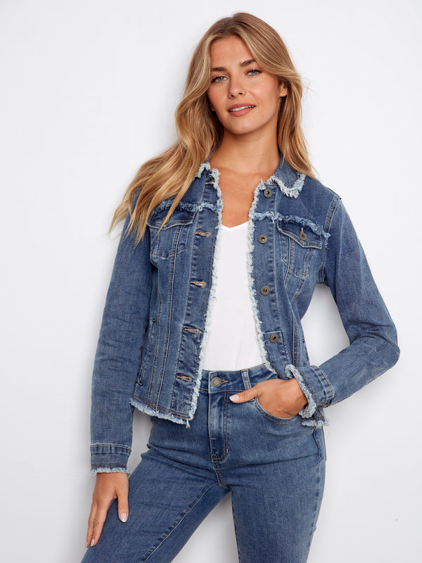 Denim jacket featuring chic frayed edges, adding a touch of casual elegance to any outfit. Crafted for comfort by Charlie B.