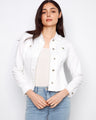 Featuring two front patch pockets, this white jean jacket combines practicality with chic design by Charlie B.