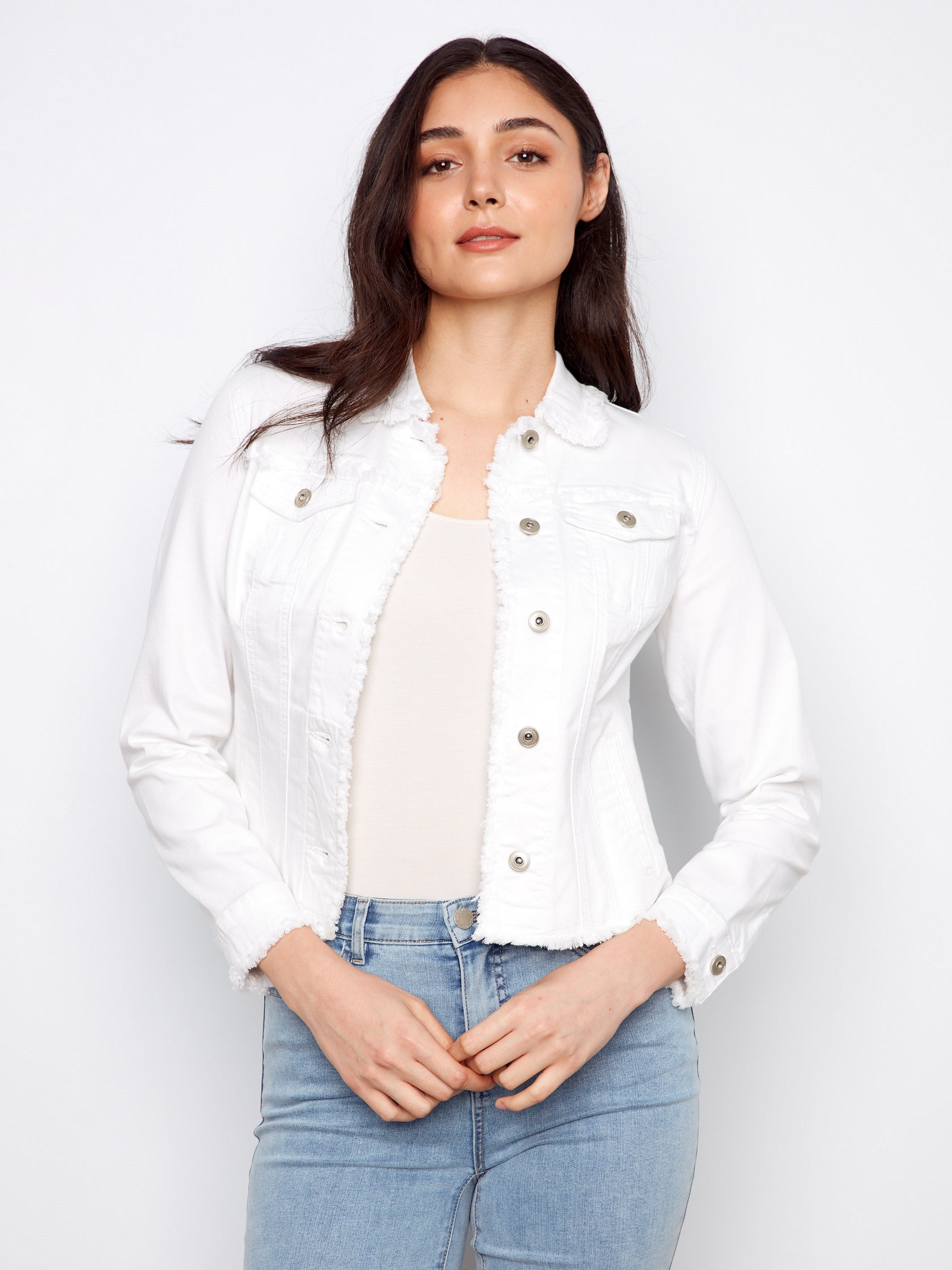 Frayed Edge White Denim Jacket, Stretch | Jackets | Charlie B – Charlie ...