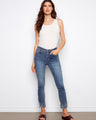 Blue skinny denim pants with a regular rise, featuring a stylish frayed hem by Charlie B.
