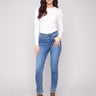 Denim pants in medium blue with a slim fit, highlighted by a five-pocket design for practical style by Charlie B.