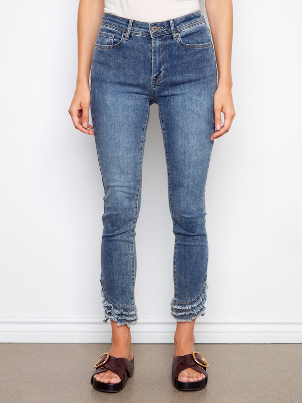 Frayed Hem Denim Pants - Medium Blue