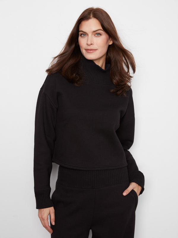 French Terry Mock Neck Top - Black