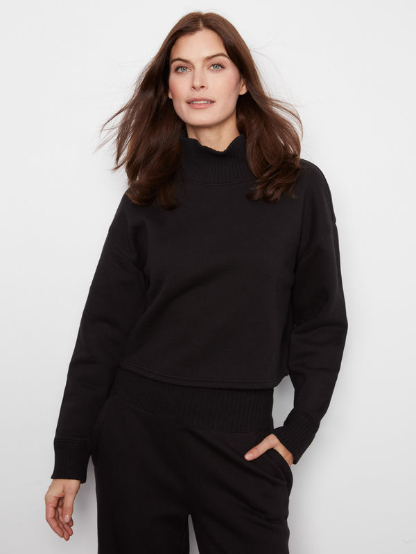 French Terry Mock Neck Top - Black