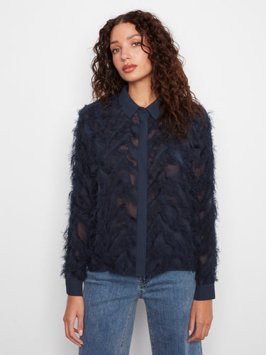 Navy chiffon blouse featuring a classic shirt collar, enhancing its elegant appeal. Perfect for both casual and formal occasions by Charlie B.