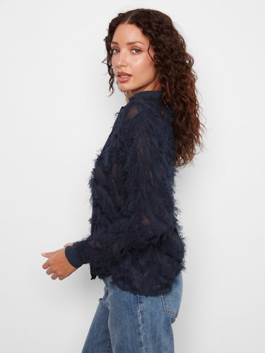 Elegant navy top with fringed chiffon detailing, offering a unique texture that stands out in any ensemble. Ideal for making a statement by Charlie B.
