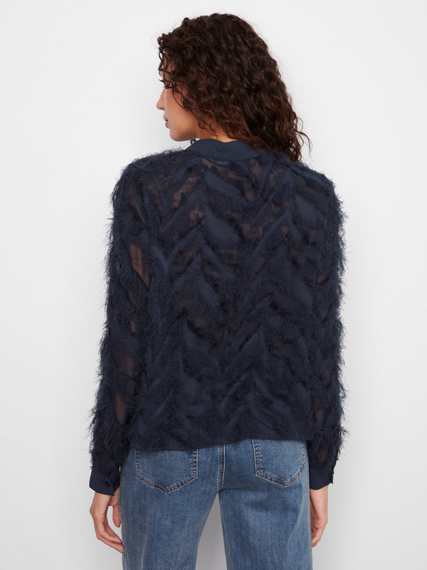 Fringe Chiffon Button-Front Blouse - Navy