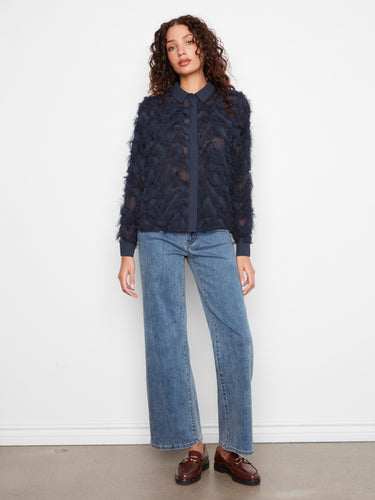 Chic navy chiffon shirt designed for versatility and timeless elegance, perfect for pairing with jeans or skirts alike by Charlie B.