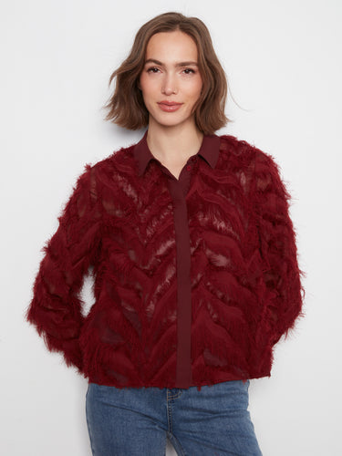 Merlot chiffon blouse featuring a chic shirt collar and a stylish button-front detail by Charlie B.
