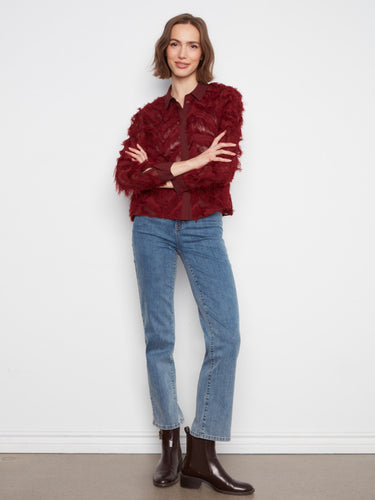 Chiffon blouse in merlot with elegant long sleeves that enhance its sophisticated look by Charlie B.