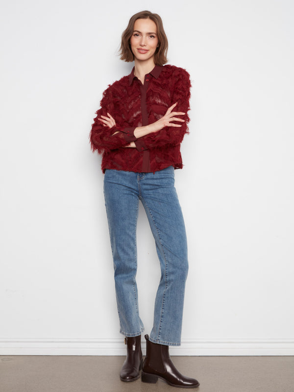 Fringe Chiffon Button-Front Blouse - Merlot