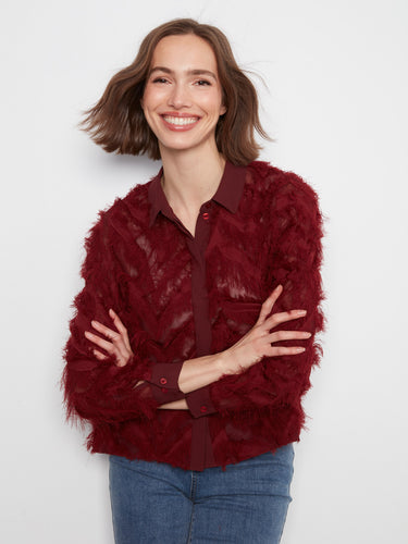 Merlot blouse crafted from fringed chiffon, adding texture and flair to any outfit by Charlie B.