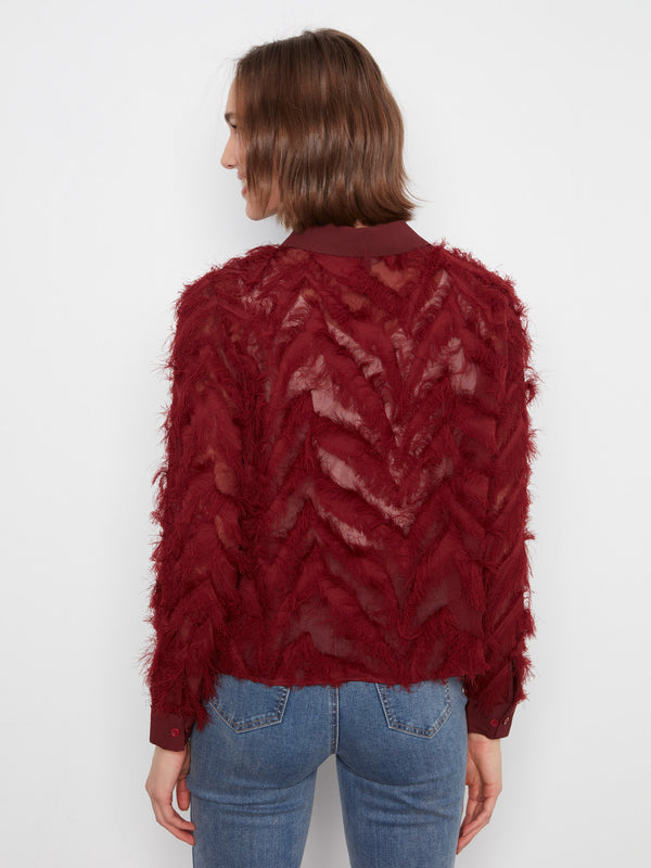 Fringe Chiffon Button-Front Blouse - Merlot