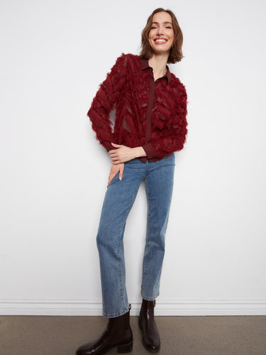 Fringed chiffon blouse in rich merlot, perfect for adding a pop of color to your wardrobe by Charlie B.