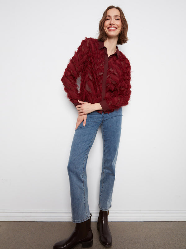 Fringe Chiffon Button-Front Blouse - Merlot