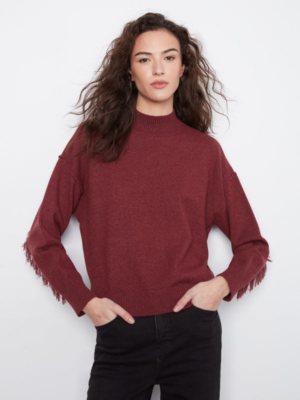 Fringe Detail Mock Neck Sweater - Heather Merlot