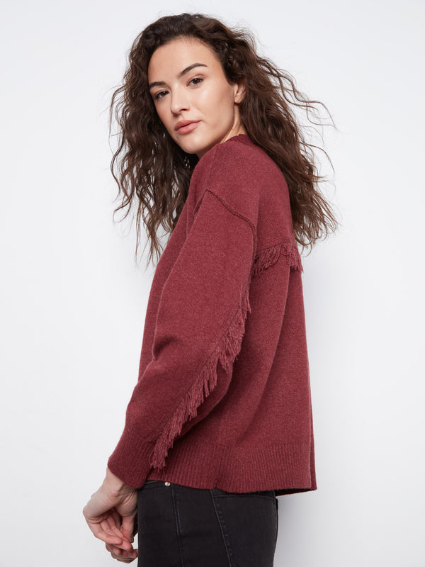 Fringe Detail Mock Neck Sweater - Heather Merlot
