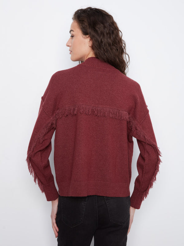 Fringe Detail Mock Neck Sweater - Heather Merlot