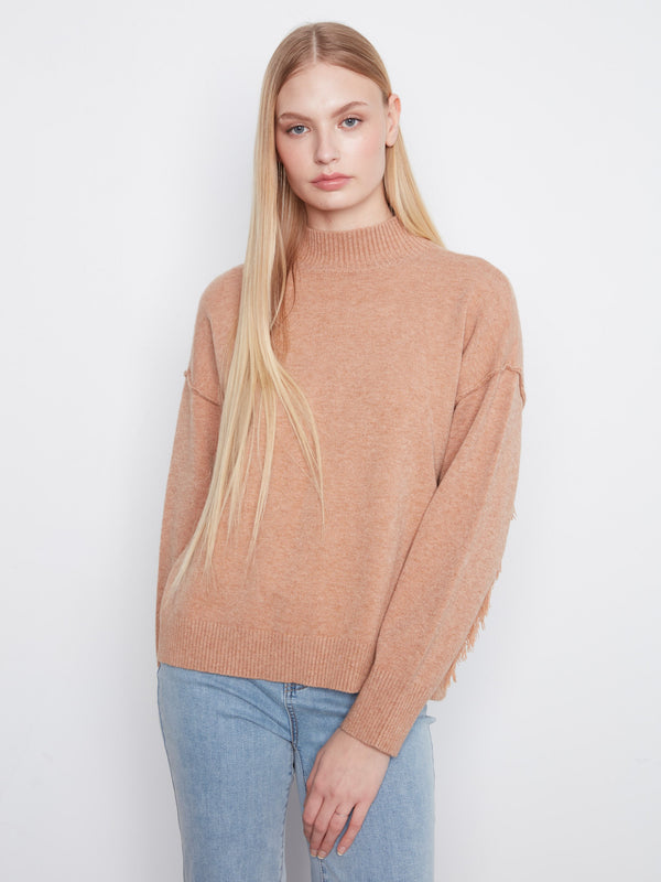 Fringe Detail Mock Neck Sweater - Heather Truffle