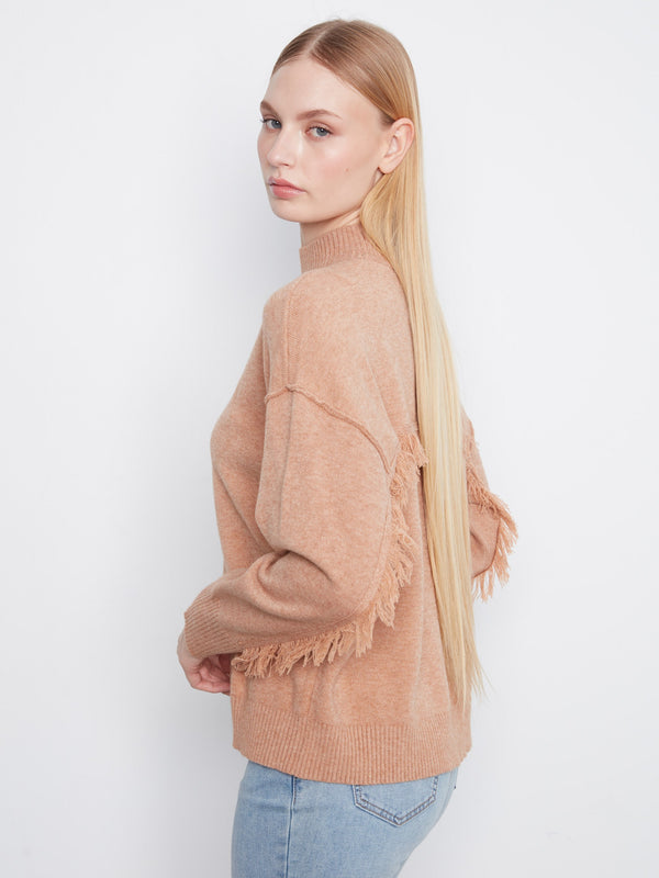 Fringe Detail Mock Neck Sweater - Heather Truffle