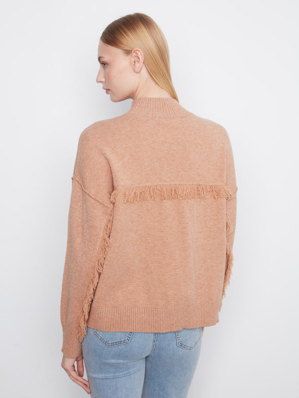 Fringe Detail Mock Neck Sweater - Heather Truffle