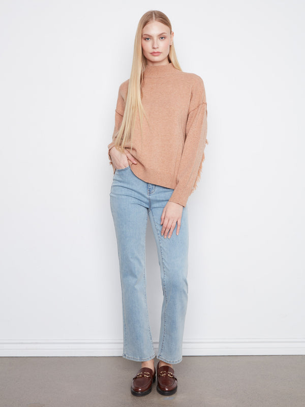Fringe Detail Mock Neck Sweater - Heather Truffle