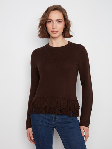 Brown sweater with a crew neck design, showcasing a stylish fringed hem for added flair. Perfect for casual outings. By Charlie B.