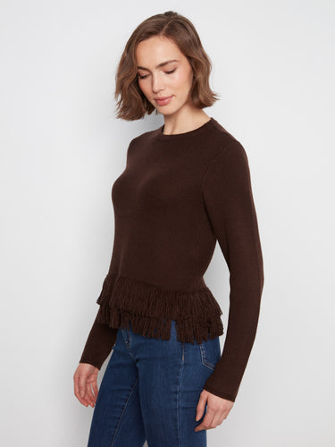 Chic brown knitwear with a classic crew neck and fringed hem, offering both comfort and style in one piece. A wardrobe staple by Charlie B.