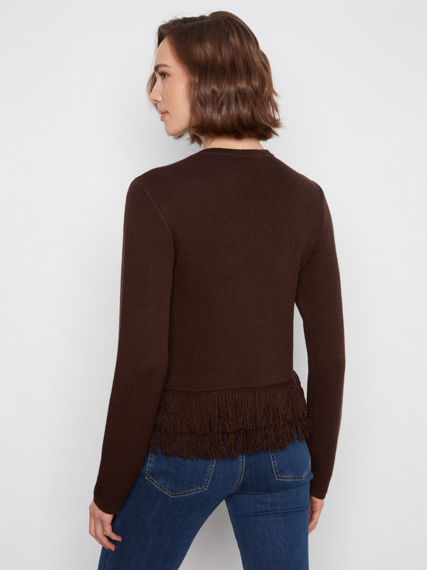 Fringe Hem Crew Neck Sweater - Coffee