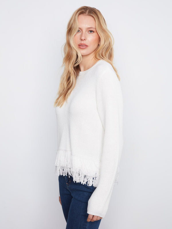 Fringe Hem Crew Neck Sweater - Ecru